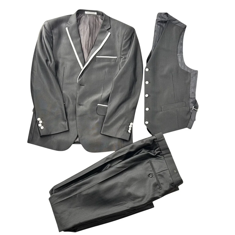 Braveman Mens 3 Piece Suit Set Charcoal Grey White Piping Blazer Vest Pants
